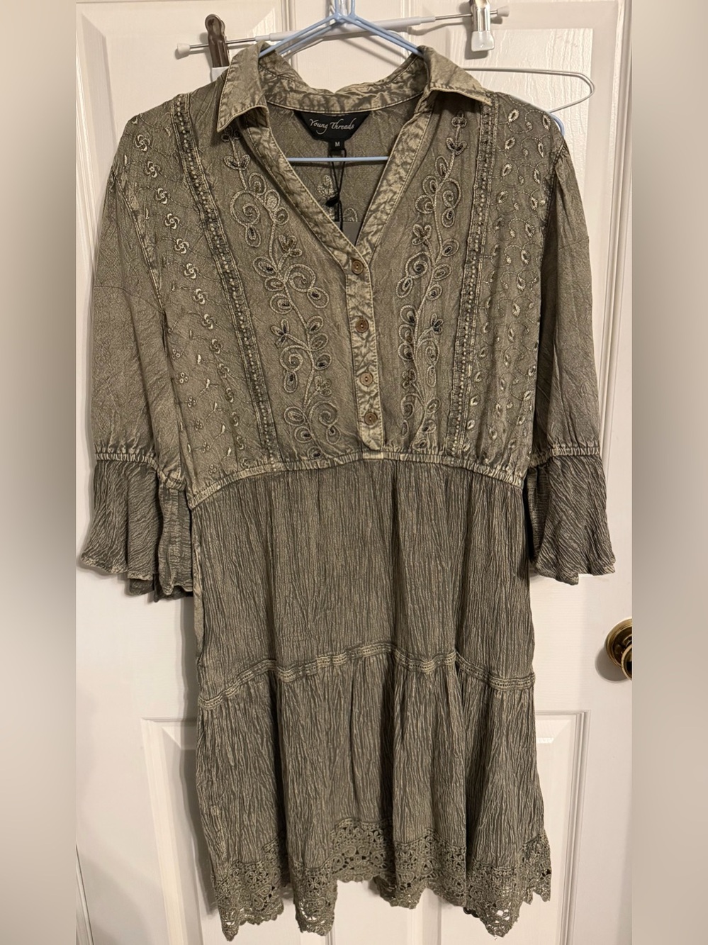 Young Threads Olive 3/4 Sleeve Embroidered Dress, Size Medium. New With Tags. - Picture 3 of 16